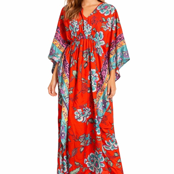 Natori Red Floral Boho Kaftan Maxi DressFlowy Kimono Sleeves